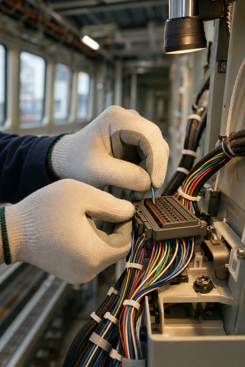 車両内の配線・結線作業の手元